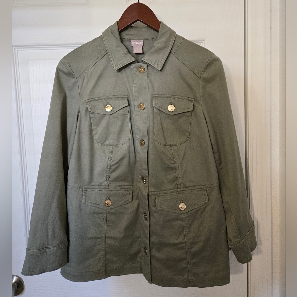 Chico's Olive Utility Jacket with Gold Buttons